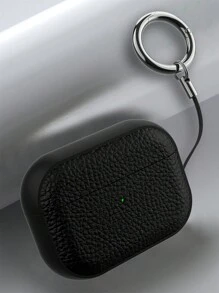 苹果奢华荔枝纹耳机壳 兼容 AirPods 1 2 3 皮革带钥匙扣便携式软壳 兼容 AirPods Pro 2 - 黑色 - 查看 1