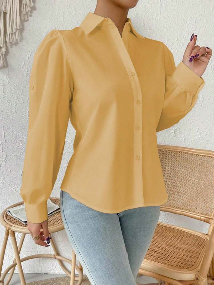 Formal Shirt, Long Sleeve, Princess Sleeve, Polo Collar, Delicate, Sophisticated, Elegant, Fur Blouse, Long Sleeve - Beige - View 3
