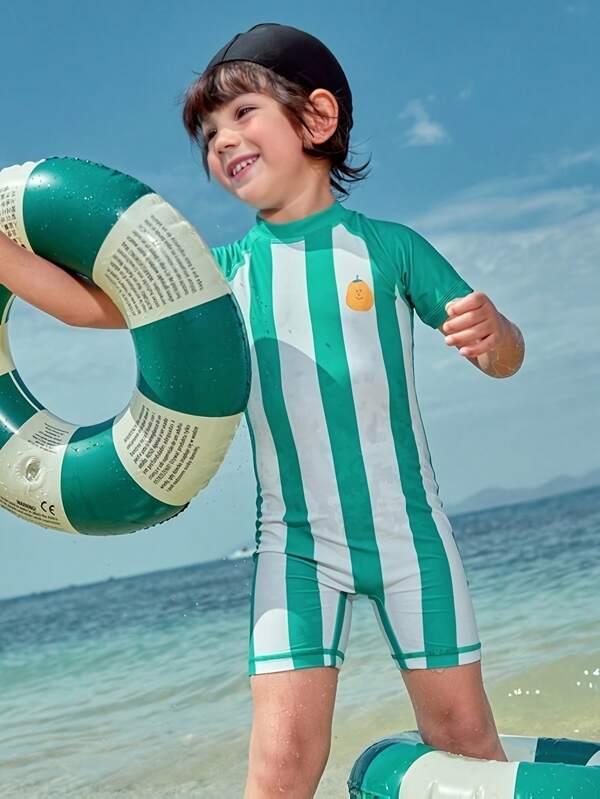 Balabala Boys Summer Round Neck Short Sleeve Fashionable Striped One-Piece Swimsuit With Swimming Cap Green