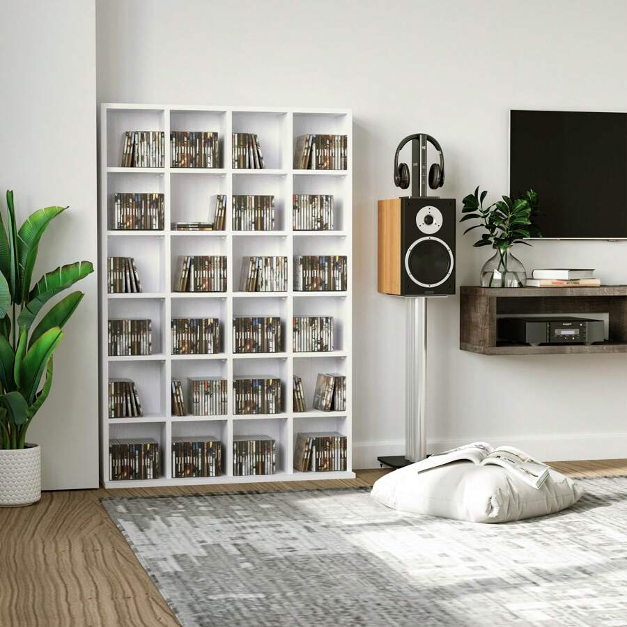 HOMCOM Mobile Libreria a Parete porta CD da 24 Ripiani ad Altezza Regolabile, Libreria in Legno Truciolato, 130.5x89x20 cm - Bianco - Visualizzare 1