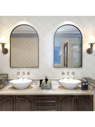 CASSIL Curved Wand Mirror, 50 75 Cm Zwart Bathroom Large Make Up Spiegel Metal Frame, Entrance, Fireplace Bedroom (Black, Gold) view 3