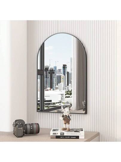 CASSIL Curved Wand Mirror, 50 75 Cm Zwart Bathroom Large Make Up Spiegel Metal Frame, Entrance, Fireplace Bedroom (Black, Gold) view 7