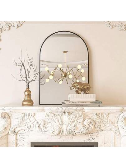 CASSIL Curved Wand Mirror, 50 75 Cm Zwart Bathroom Large Make Up Spiegel Metal Frame, Entrance, Fireplace Bedroom (Black, Gold) view 4