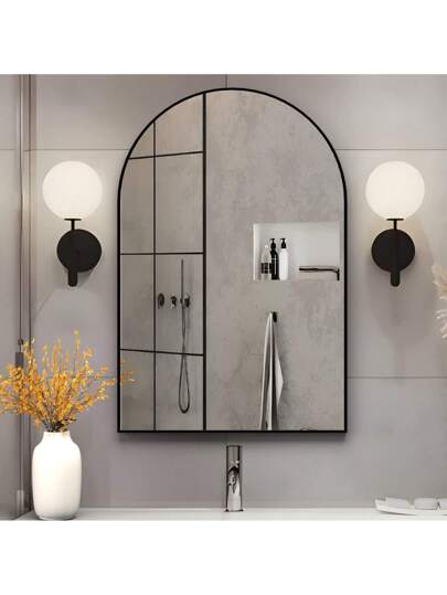 CASSIL Curved Wand Mirror, 50 75 Cm Zwart Bathroom Large Make Up Spiegel Metal Frame, Entrance, Fireplace Bedroom (Black, Gold)