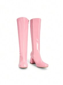 Women Gogo Boots Fashionable Square Toe Chunky Classic Knee High Boots For Women - 粉色 - 查看 9