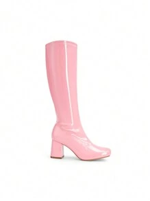 Women Gogo Boots Fashionable Square Toe Chunky Classic Knee High Boots For Women - 粉色 - 查看 8