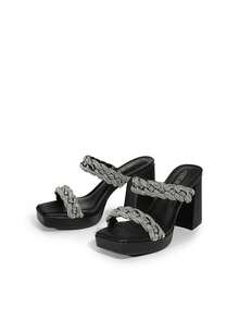 Women Rhinestone Platform Mule Sandals With Two Braided Strap, Fashion Slip On Open Square Toe Summer Sandals, For Party, Wedding, Prom - Black - View 2