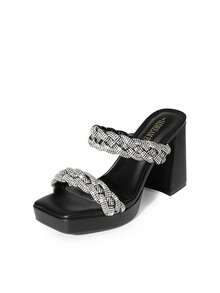 Women Rhinestone Platform Mule Sandals With Two Braided Strap, Fashion Slip On Open Square Toe Summer Sandals, For Party, Wedding, Prom - Black - View 1