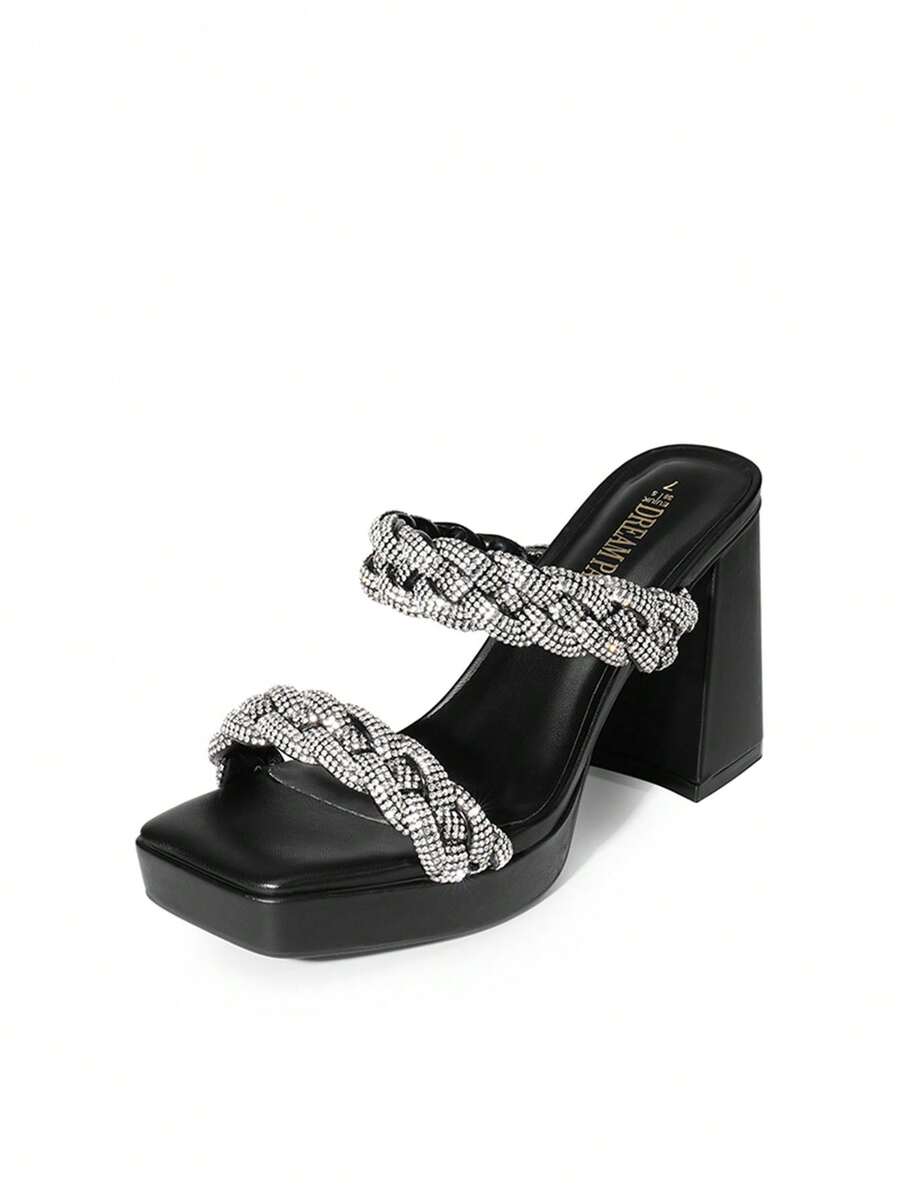 Women Rhinestone Platform Mule Sandals With Two Braided Strap, Fashion Slip On Open Square Toe Summer Sandals, For Party, Wedding, Prom - Black - View 1
