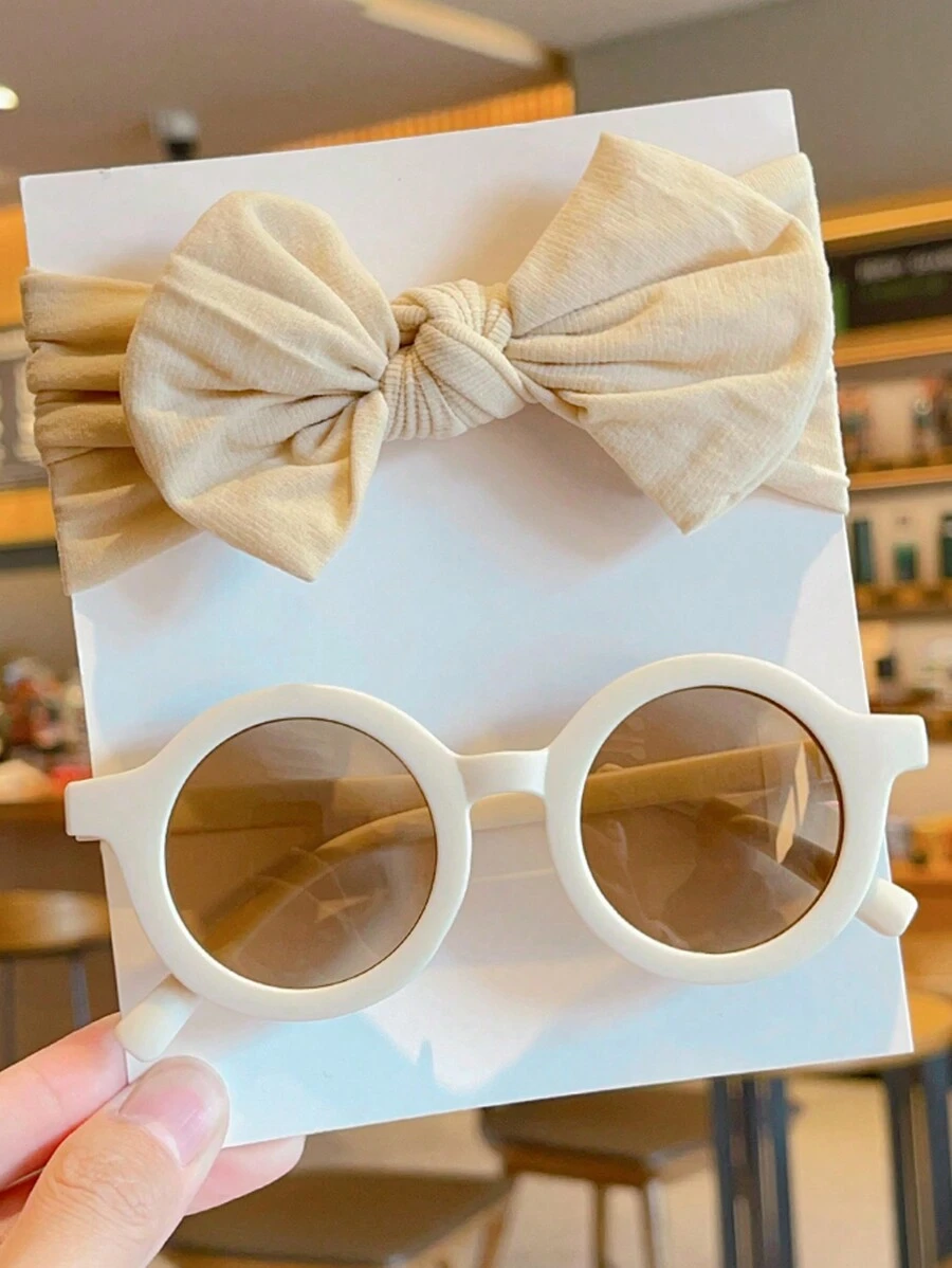 2pcs/Set New Cute Solid Color Bow Headband & Round Fashion Glasses Accessories Set For Baby Boys & Girls, Card Display Only, Shipping Not Included - Beige - View 1