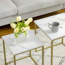 Tavolino da Salotto Set 2 Pezzi Impilabile con Piano Effetto Marmo in Truciolato e Struttura in Acciaio, 45x45x50 cm e 37x37x43 cm, Bianco e Oro - Bianco - Visualizzare 9