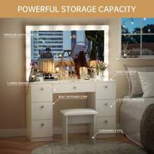 VOWNER 44" Makeup Vanity Desk Set With Power Outlet, 14 Bulbs And Mirror, 7 Drawers, Color & Brightness Adjustable, For Girls Women Thanksgiving Christmas Gift - 白色大理石 - 查看 4