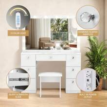 VOWNER 44" Makeup Vanity Desk Set With Power Outlet, 14 Bulbs And Mirror, 7 Drawers, Color & Brightness Adjustable, For Girls Women Thanksgiving Christmas Gift - 白色大理石 - 查看 6