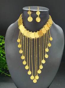 1條項鍊+1副耳環復古女性及流蘇設計銅製珠寶套裝,2件組,適合作為婚禮、派對和節日禮物,項鍊與耳環 - 金黃色 - 查看 1