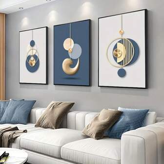 Set Of 3 Modern Wall Art Paintings In Golden And Blue Abstract Graphical Design, Luxury Style, Creative High Definition Print, Large Canvas Print, Minimalist Home Decoration, Living Room Decoration, Office Decoration, Frameless