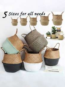 Woven Storage Basket Folding Clthoes Laundry Basket Straw Wicker Rattan Storage Flower Pot Beach Picnic Basket - D - View 1