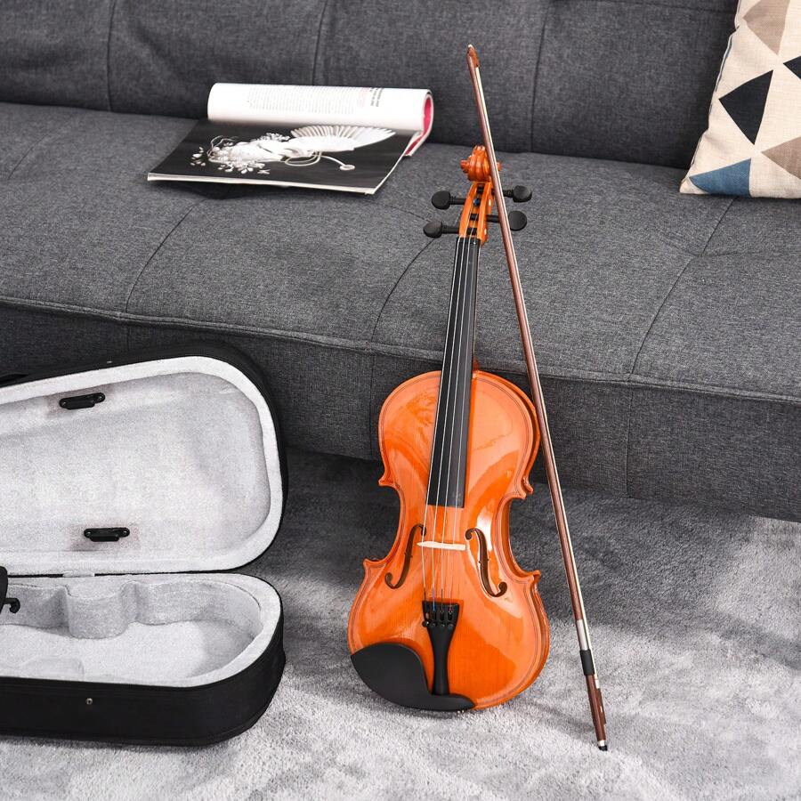 HOMCOM Violon 4/4 pleine grandeur avec étui, accordeur, épaulière, archet, colophane, cordes rechange et chiffon contreplaqué épicéa et érable - Marron - Voir 1