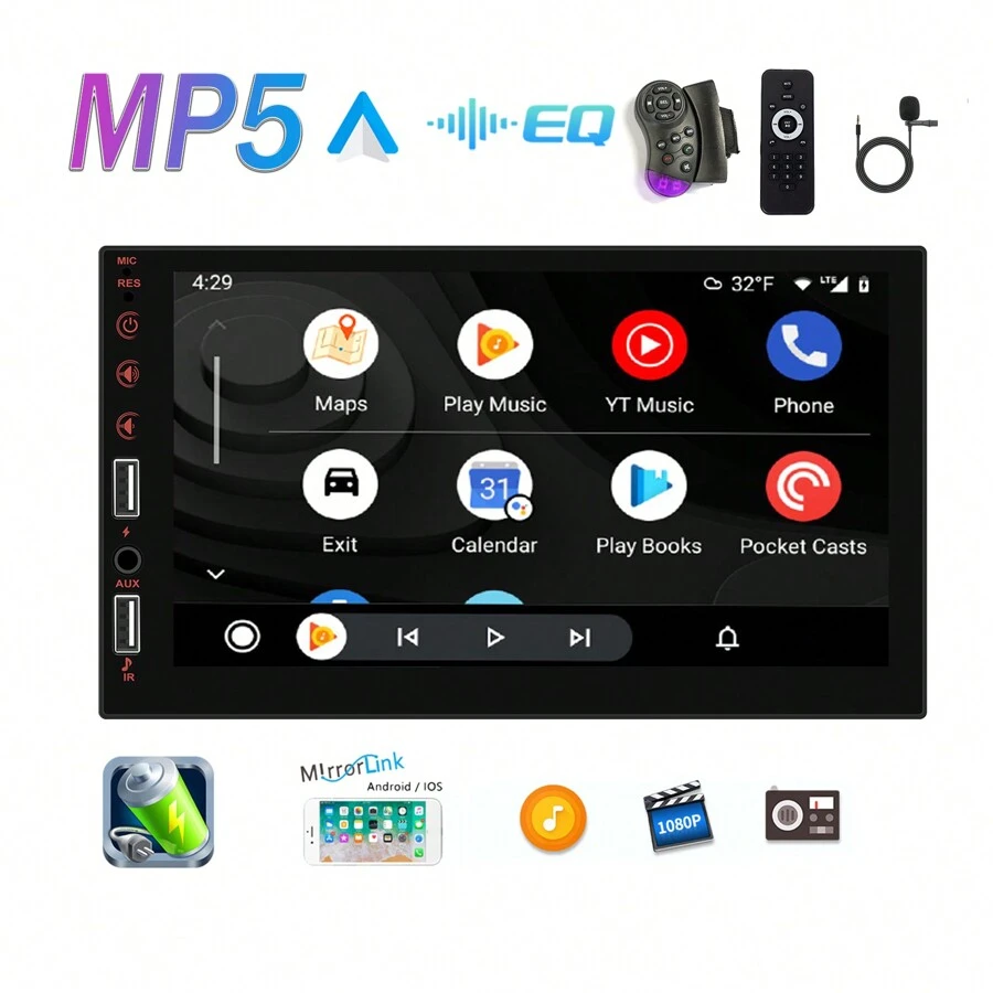Radio De Coche De 7' 1 Din, Estéreo De Audio Para Coche Con Soporte Espejo Enlace Cámara / Android Auto Mediante Cable Con Control De Volante + Control Remoto - Negro - Ver 1