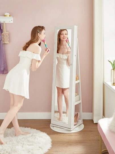 SONGMICS Freestanding Jewellery Cabinet, 360° Swivel Jewellery Organiser With Mirror, Shelves, 3-In-1 Lockable Jewellery Armoire, Cosmetics Storage Cabinet, Nordic Style, White With Wood Grain