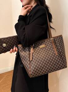 2 件大容量托特包套装，包括钱包和单肩包，适合中年女性的时尚手提包，妈妈和我匹配的女士包，最佳母亲节礼物创意，书包套装，便携，经典休闲，商务休闲，适合少女、女大学生、白领、大学，非常适合办公室、小学 - 棕色 - 查看 2