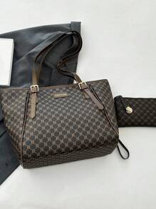 2 件大容量托特包套装，包括钱包和单肩包，适合中年女性的时尚手提包，妈妈和我匹配的女士包，最佳母亲节礼物创意，书包套装，便携，经典休闲，商务休闲，适合少女、女大学生、白领、大学，非常适合办公室、小学 - 棕色 - 查看 5