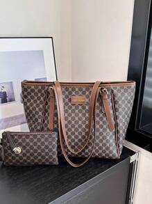 2 件大容量托特包套装，包括钱包和单肩包，适合中年女性的时尚手提包，妈妈和我匹配的女士包，最佳母亲节礼物创意，书包套装，便携，经典休闲，商务休闲，适合少女、女大学生、白领、大学，非常适合办公室、小学 - 棕色 - 查看 8