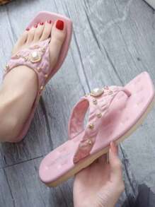Sandalias pata de gallo con apliques de perlas, sandalias de buena calidad para mujeres - Rosa - Ver 2