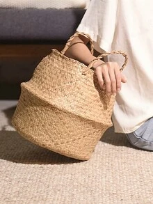 Woven Storage Basket Folding Clthoes Laundry Basket Straw Wicker Rattan Storage Flower Pot Beach Picnic Basket - D - View 9