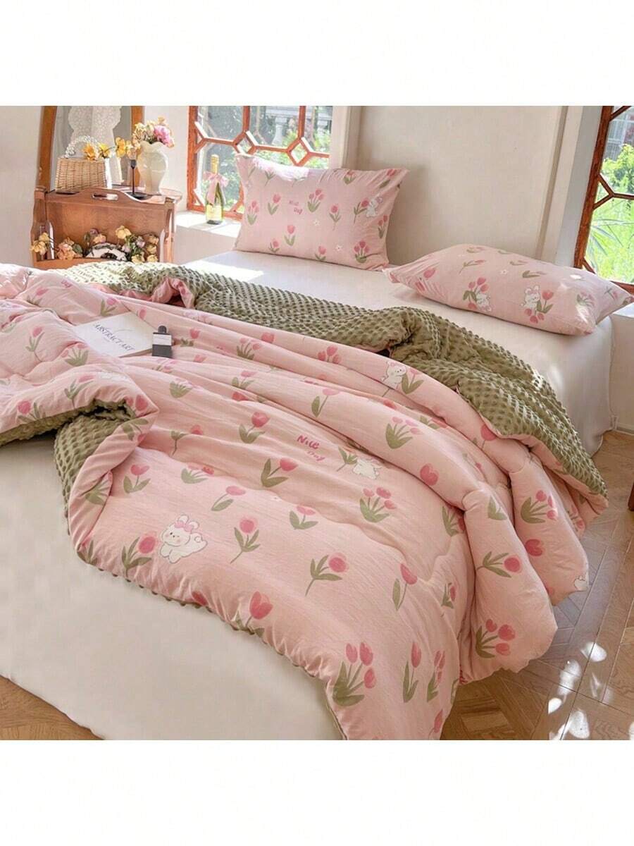 200*230cm Hogar Colchas matrimoniales grande doble relleno para colcha matrimonial cubrecamas edredones Edredón de doble capa king size , fibra de soja, suave, glutinoso, fresco, cómodo, transpirable, textil para el hogar, verano, madre y bebé, Colcha De Invierno Cálida ,Edredón fino con estampado de dibujos animados para cama, colcha de verano, tamaño Queen y King, agradable a la piel,floral patrón ropa de cama borrego - Rosa Pálido - Ver 1
