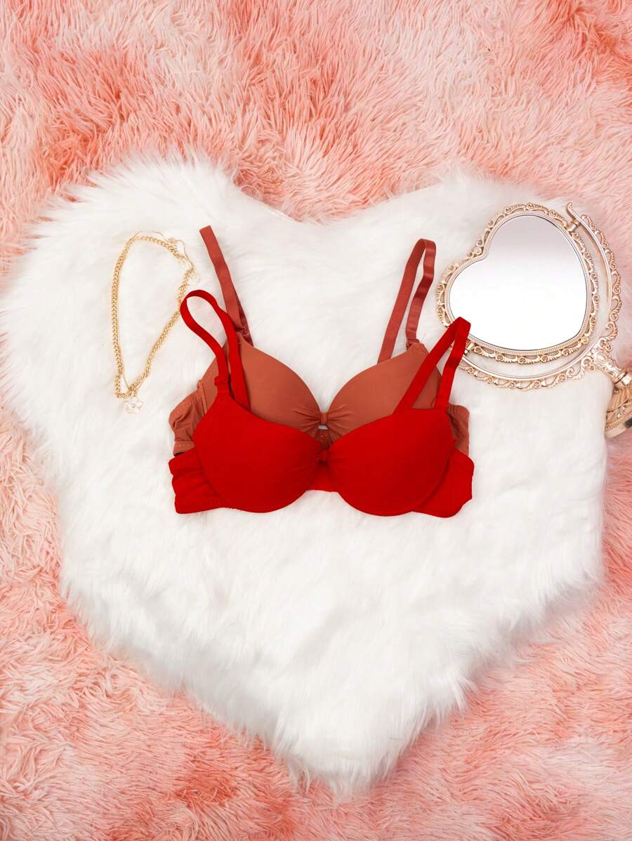 Sujetador Set 4, 3 Y 2 PZ Sujetador Copa AA Ajustable Con Aro Colores Lisos Y Nudo Frontal - Naranja Quemada - Ver 1