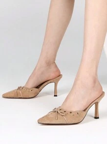 Women Fashion Stiletto Faux Suede Thin High Heel Pumps Pointy Toe Elegant Bowknot Elegant Mules Shoes - 杏色 - 查看 2