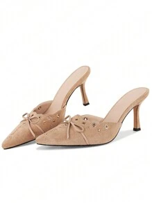 Women Fashion Stiletto Faux Suede Thin High Heel Pumps Pointy Toe Elegant Bowknot Elegant Mules Shoes - 杏色 - 查看 5