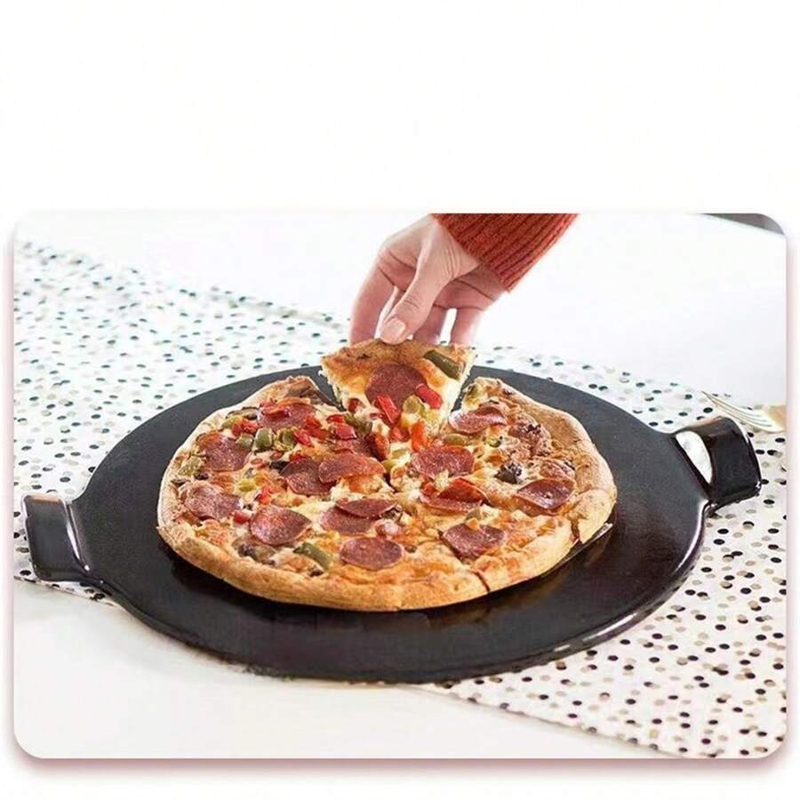 1pc 14.17 Inch Black Cordierite Pizza Stone, Large Size Non-Stick Cordierite Pizza Stone With Grip Handles, Baking Stone For Oven, Gas Grill, And BBQ, Premium Cooking Stone - Black - View 1