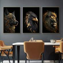 Bộ 3 bức tranh vải canvas treo tường hiện đại không khung hình sói đen và vàng, đại bàng vàng và sư tử dùng trang trí phòng khách - Nhiều màu - Xem 4