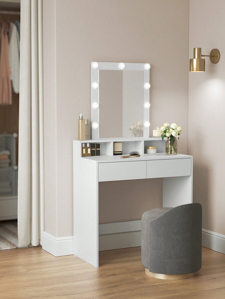 VASAGLE Dressing Table, LED Lights With Adjustable Brightness, Vanity Table With Mirror, 2
