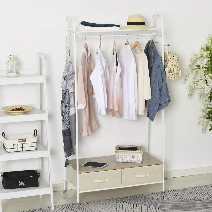 HOMCOM Entrance Coat Rack Rail Clothes Stand Garment Storage Hanger Shelf   Organiser 2 Drawers - White - View 1