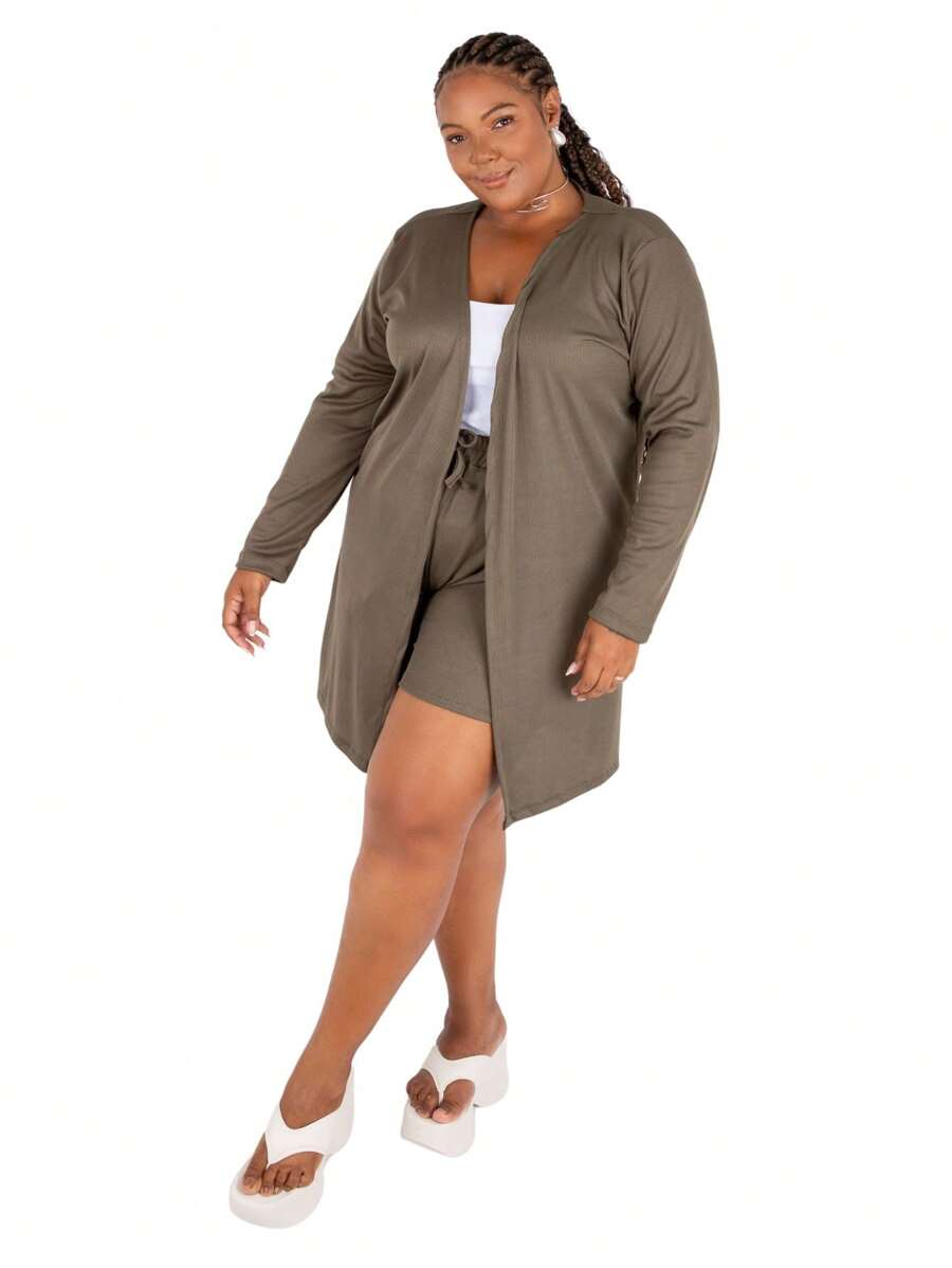 Plus Size Cardigans - สีเขียวขี้ม้า - ดู 1