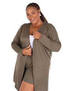 Plus Size Cardigans - สีเขียวขี้ม้า - ดู 2