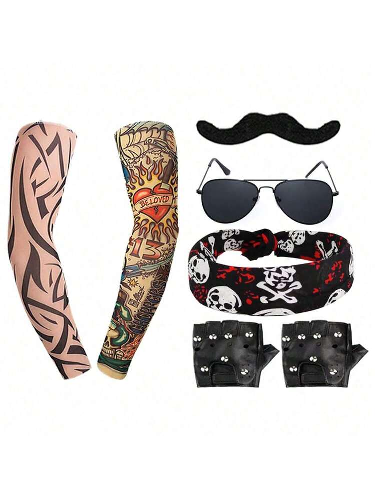 Kit Disfraz Rockero Años 70-80-90 Con Peluca, Mangas Tatuaje, Gafas, Pañuelo Y Pulseras, Ideal Para Halloween Y Fiestas Temáticas