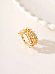1 pieza Anillo versátil y de moda con diseño de nube hueca con perla falsa enchapada en cobre en estilo minimalista, regalo para mujer para la temporada de fiestas y bodas - Amarillo Oro - Ver 2