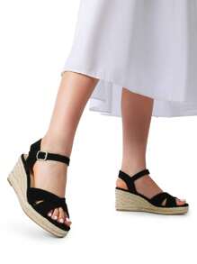 Women's Platform Wedges Sandals Espadrille Dressy Casual Summer Comfortable High Heeled With Adjustable Buckle Shoes - 黑色 - 查看 6