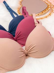 Sujetador Set 4, 3 Y 2 PZ Sujetador Copa AA Ajustable Con Aro Colores Lisos Y Nudo Frontal - Morado - Ver 3