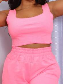 Conjunto Calça Feminina Jogger mais Cropped blusinha Ribana Moda Luxo Ref 02 - Rosa chiclete - Visão 6