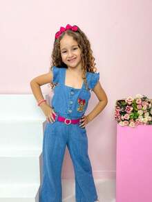 Macacão jeans WidLegging Urso Infantil Moda Bloguerinha - Multicolorido - Visão 3