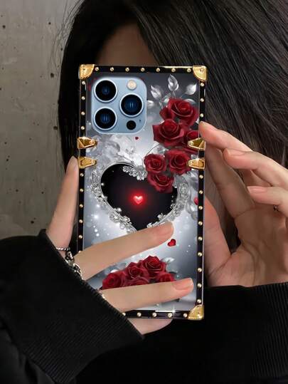 1pc Rose Flower Graphic Rectangle Brand Anti-Drop Fashionable Phone Case