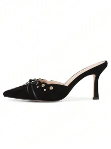 Women Fashion Stiletto Faux Suede Thin High Heel Pumps Pointy Toe Elegant Bowknot Elegant Mules Shoes - 黑色 - 查看 6