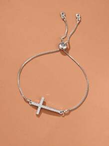 1pc Minimalist Cross & Rhinestone Decor Stretch Bracelet For Women, Gift For Date - Silver - View 1