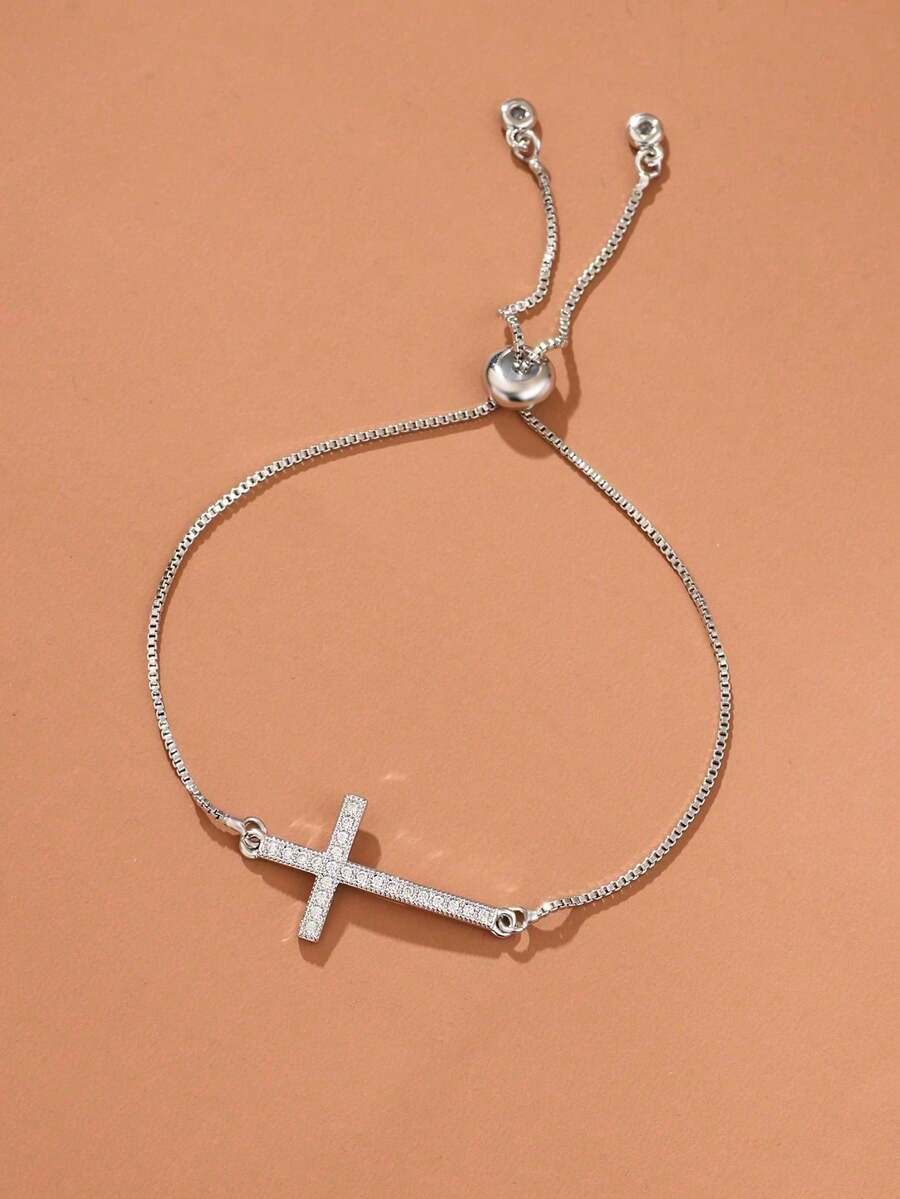 1pc Minimalist Cross & Rhinestone Decor Stretch Bracelet For Women, Gift For Date - Silver - View 1