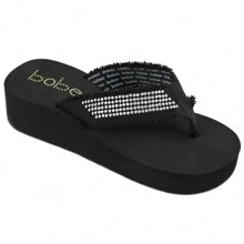 Women's Fashionable Rhinestone Fringe Decor Flip Flops Wedge Sandals Platform Flip Flop Toe Post Design Slippers Summer Shoes - 黑色 - View 2