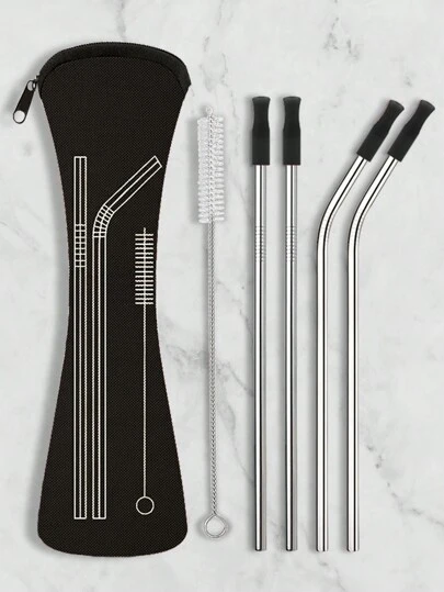 Juego de pajitas de acero inoxidable - 2 pajitas rectas con cabezal de silicona, 2 pajitas curvas con cabezal de silicona, 1 cepillo de limpieza y 1 bolsa de almacenamiento, ideal para cocina, regalo de Navidad y útiles escolares